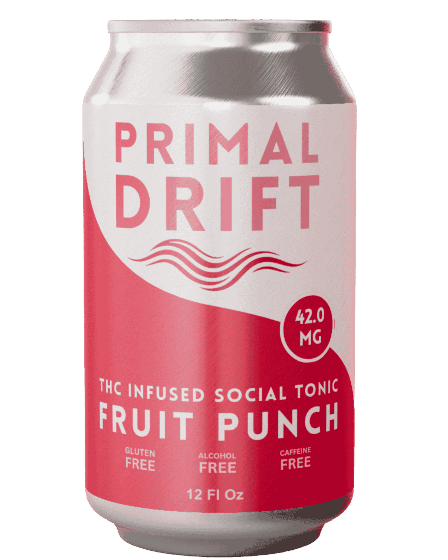 A 12 fl oz can of Fruit Punch Social Tonic by Primal Drift, a vibrant red and silver drink bursting with fruit punch flavor. This THC social tonic is gluten free, alcohol free, caffeine free, and contains 42 mg of THC.