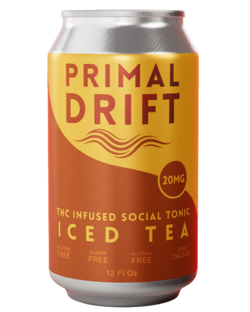 A 12 fl oz can of Iced Tea Social Tonic with 20mg THC. The orange and yellow label notes it's gluten free, sugar free, zero alcohol, and zero calorie.