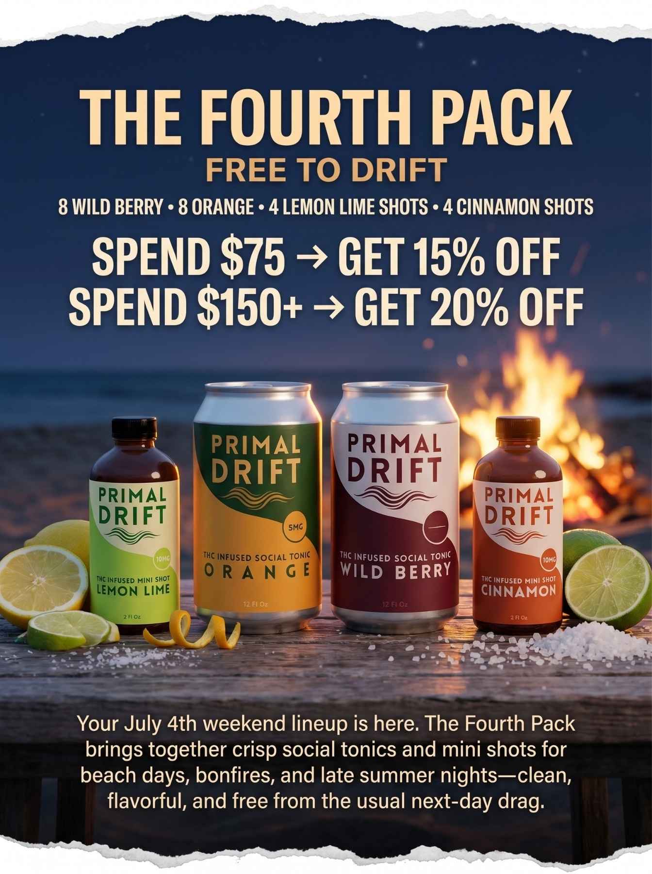 The Fourth Pack social tonics in Lemon Lime, Orange, Wild Berry, and Cinnamon flavors are displayed on wood with lime slices before a sunset bonfire. Alcohol-free holiday discounts and product details are featured.