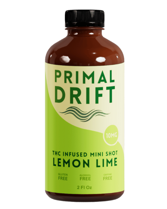 Bottle of Primal Drift THC-infused mini shot lemon lime flavor on a white background