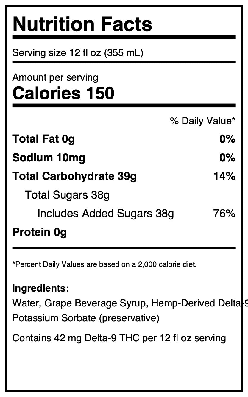 Nutrition Facts label for Grape Soda Social Tonic, a limited-edition THC-infused soda. Serving size: 12 fl oz (355 mL), 150 calories, 0g fat, 10mg sodium, 39g carbs (38g sugars with added sugars), 0g protein, and 42mg Delta-9 THC per serving.
