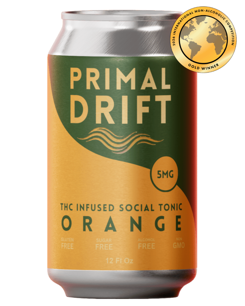 A 12 oz can of Orange Social Tonic, Primal Drift’s THC infused beverage, features 5mg THC per serving and is gluten free, sugar free, alcohol free, and non-GMO. Awarded the gold winner badge at the 2024 International Non-Alcoholic Competition, this premium drink delivers a refreshing orange citrus flavor with a modern twist on the classic social tonic experience.