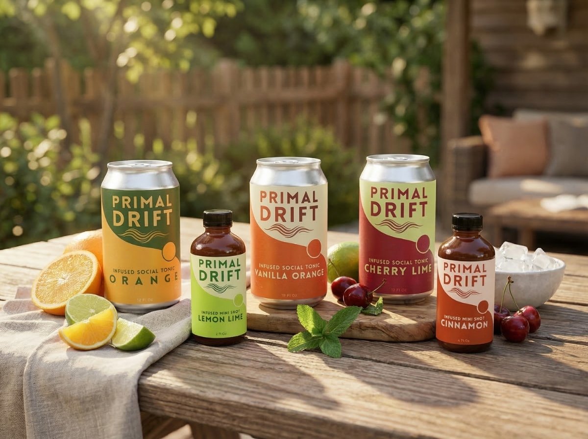 Primal Drift cans and mini shots on a table outside in the sun with fruit slices