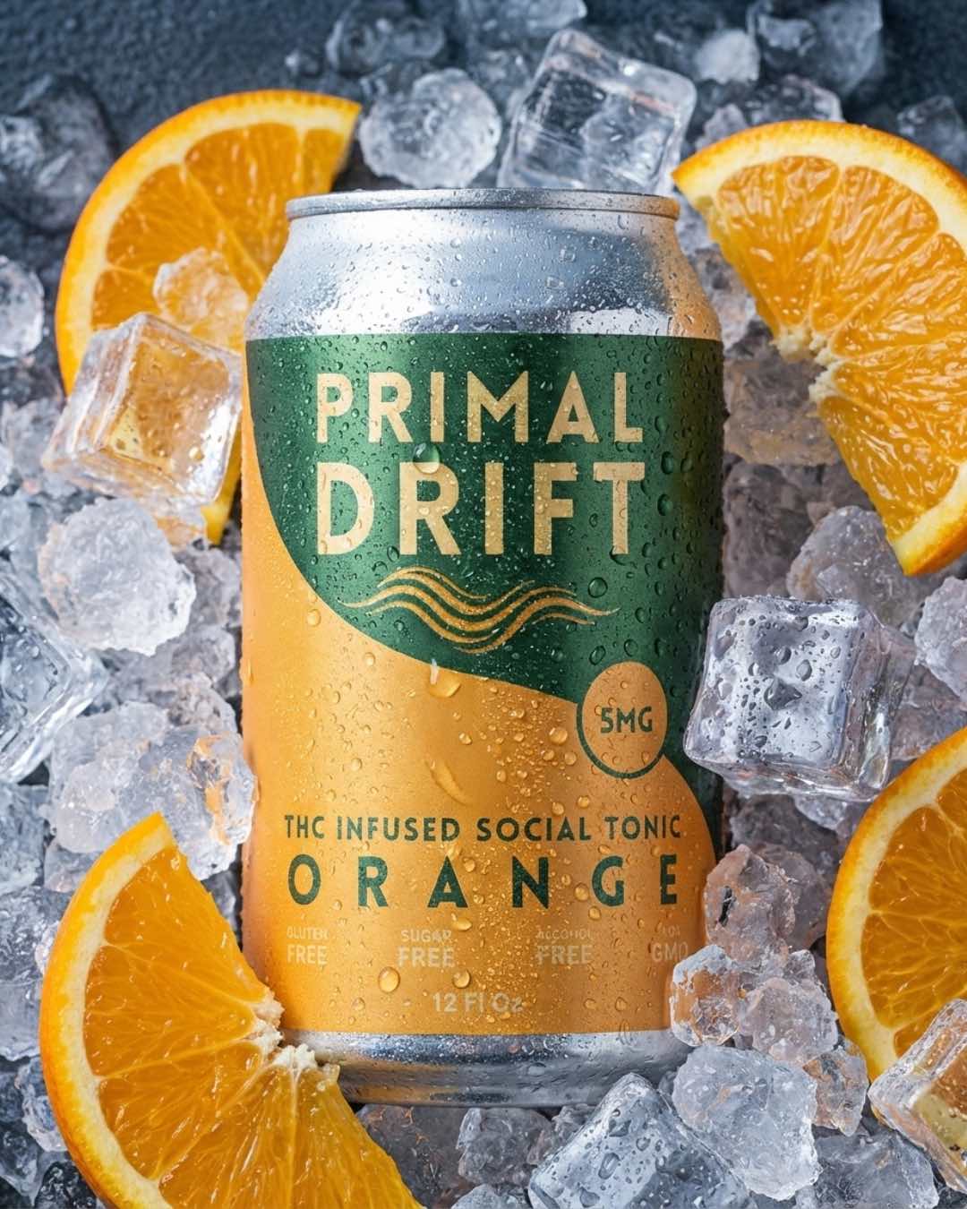 Orange THC tonic on ice representing the refreshing experience of cannabis beverages