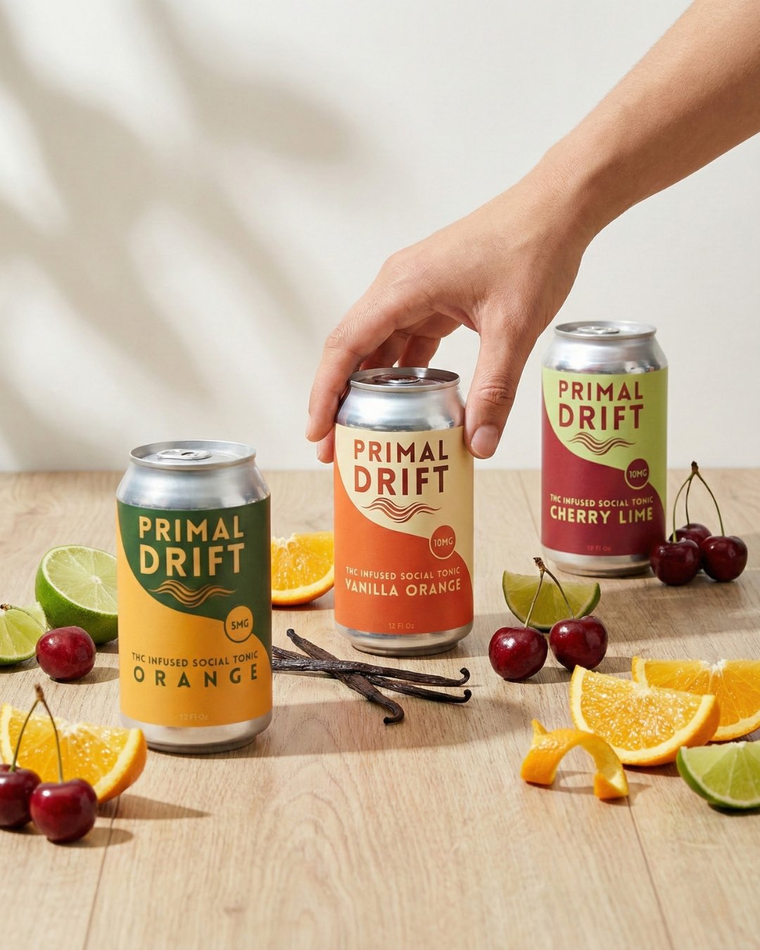 Primal Drift THC social tonic cans in Orange, Vanilla Orange, and Cherry Lime flavors with fresh citrus ingredients