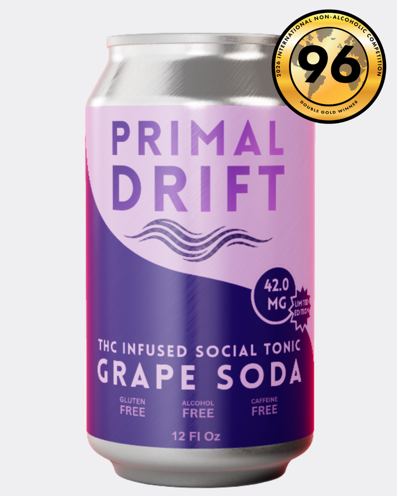 A can of Grape Soda Social Tonic featuring a gold 96-point award seal, identified as a limited-edition THC drink that is gluten, alcohol, and caffeine free.