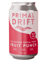 A 12 fl oz can of Fruit Punch Social Tonic by Primal Drift, a vibrant red and silver drink bursting with fruit punch flavor. This THC social tonic is gluten free, alcohol free, caffeine free, and contains 42 mg of THC.