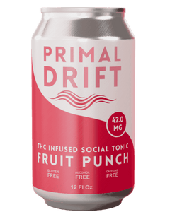 A 12 fl oz can of Fruit Punch Social Tonic by Primal Drift, a vibrant red and silver drink bursting with fruit punch flavor. This THC social tonic is gluten free, alcohol free, caffeine free, and contains 42 mg of THC.