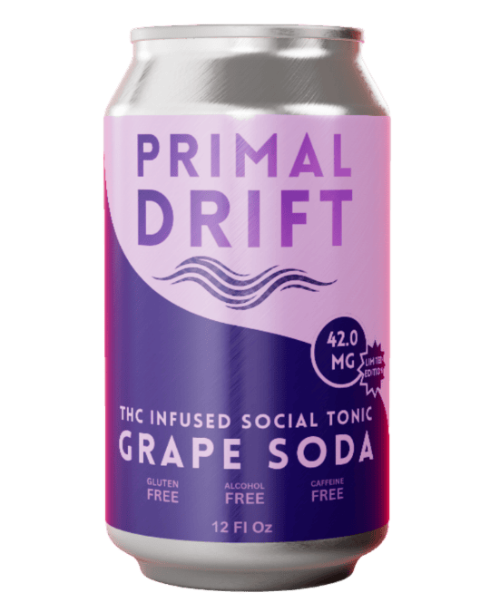 A limited-edition 12 Fl Oz Grape Soda Social Tonic can, infused with 42.0mg THC. This vibrant purple and pink drink is gluten free, alcohol free, caffeine free, and crafted as a THC social tonic.
