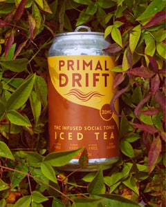 A can of Iced Tea Social Tonic rests among green and burgundy leaves. The yellow and brown can is zero alcohol, gluten free, sugar free, with a 20mg THC dose—ideal as a refreshing social tonic.