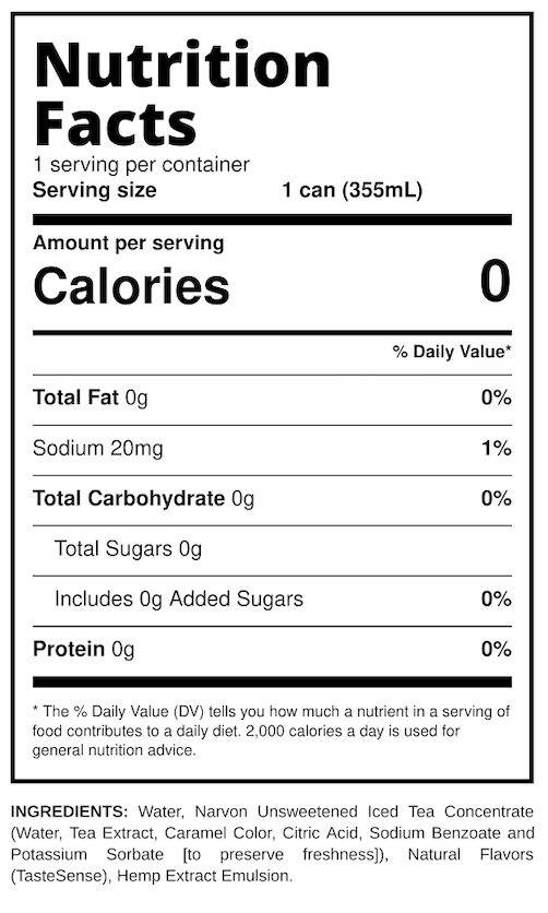 Nutrition Facts for Iced Tea Social Tonic: 1 can (355mL) per serving, 0 calories, 0g fat, 20mg sodium, 0g carbs, zero alcohol. Contains tea extract, caramel color, citric acid, and hemp extract emulsion.