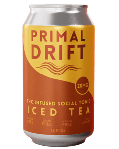 A 12 fl oz can of Iced Tea Social Tonic with 20mg THC. The orange and yellow label notes it's gluten free, sugar free, zero alcohol, and zero calorie.