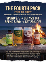 The Fourth Pack social tonics in Lemon Lime, Orange, Wild Berry, and Cinnamon flavors are displayed on wood with lime slices before a sunset bonfire. Alcohol-free holiday discounts and product details are featured.