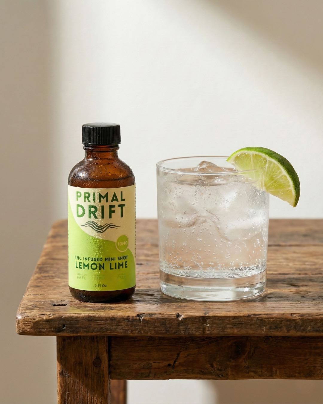 Lemon Lime THC Shot on a kitchen table in natural light