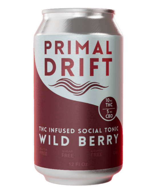 Primal Drift THC infused social tonic wild berry can on a clear background