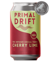 A can of Cherry Lime Social Tonic, 12 fl oz, with a silver award sticker in the top right corner. This vibrant THC beverage features a striking red and gold design with bold text and a prominent 10mg THC label, making it the perfect cherry lime social tonic for any occasion.