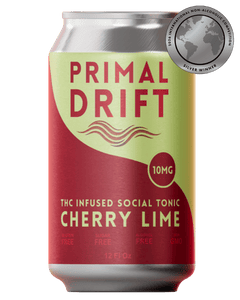 A can of Cherry Lime Social Tonic, 12 fl oz, with a silver award sticker in the top right corner. This vibrant THC beverage features a striking red and gold design with bold text and a prominent 10mg THC label, making it the perfect cherry lime social tonic for any occasion.