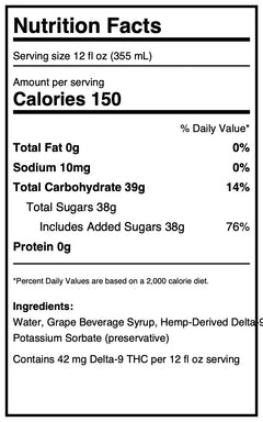 Nutrition Facts label for Grape Soda Social Tonic, a limited-edition THC-infused soda. Serving size: 12 fl oz (355 mL), 150 calories, 0g fat, 10mg sodium, 39g carbs (38g sugars with added sugars), 0g protein, and 42mg Delta-9 THC per serving.