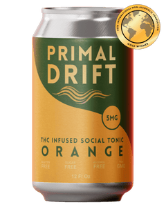 A 12 oz can of Orange Social Tonic, Primal Drift’s THC infused beverage, features 5mg THC per serving and is gluten free, sugar free, alcohol free, and non-GMO. Awarded the gold winner badge at the 2024 International Non-Alcoholic Competition, this premium drink delivers a refreshing orange citrus flavor with a modern twist on the classic social tonic experience.
