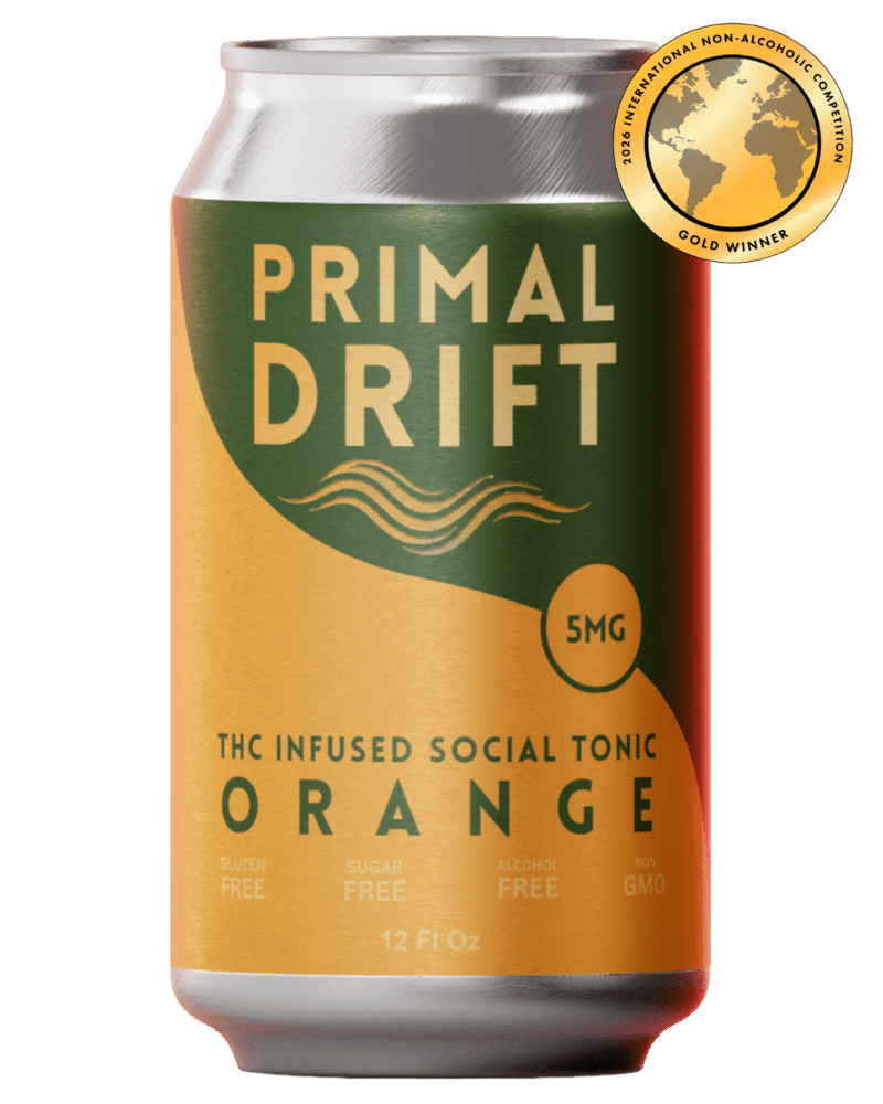 A 12 oz can of Orange Social Tonic, Primal Drift’s THC infused beverage, features 5mg THC per serving and is gluten free, sugar free, alcohol free, and non-GMO. Awarded the gold winner badge at the 2024 International Non-Alcoholic Competition, this premium drink delivers a refreshing orange citrus flavor with a modern twist on the classic social tonic experience.
