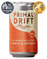 A can of Vanilla Orange Social Tonic, a THC-infused beverage inspired by the classic creamsicle flavor, featuring award badges for the High Spirits Awards Platinum 2026 and a gold International Non-Alcoholic Competition. The can showcases an orange and cream minimalist design.