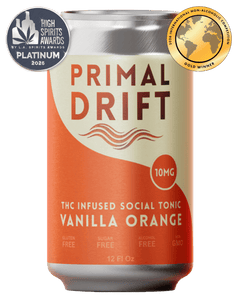 A can of Vanilla Orange Social Tonic, a THC-infused beverage inspired by the classic creamsicle flavor, featuring award badges for the High Spirits Awards Platinum 2026 and a gold International Non-Alcoholic Competition. The can showcases an orange and cream minimalist design.