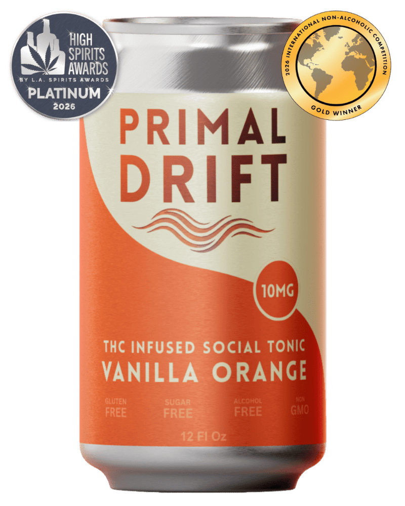A can of Vanilla Orange Social Tonic, a THC-infused beverage inspired by the classic creamsicle flavor, featuring award badges for the High Spirits Awards Platinum 2026 and a gold International Non-Alcoholic Competition. The can showcases an orange and cream minimalist design.