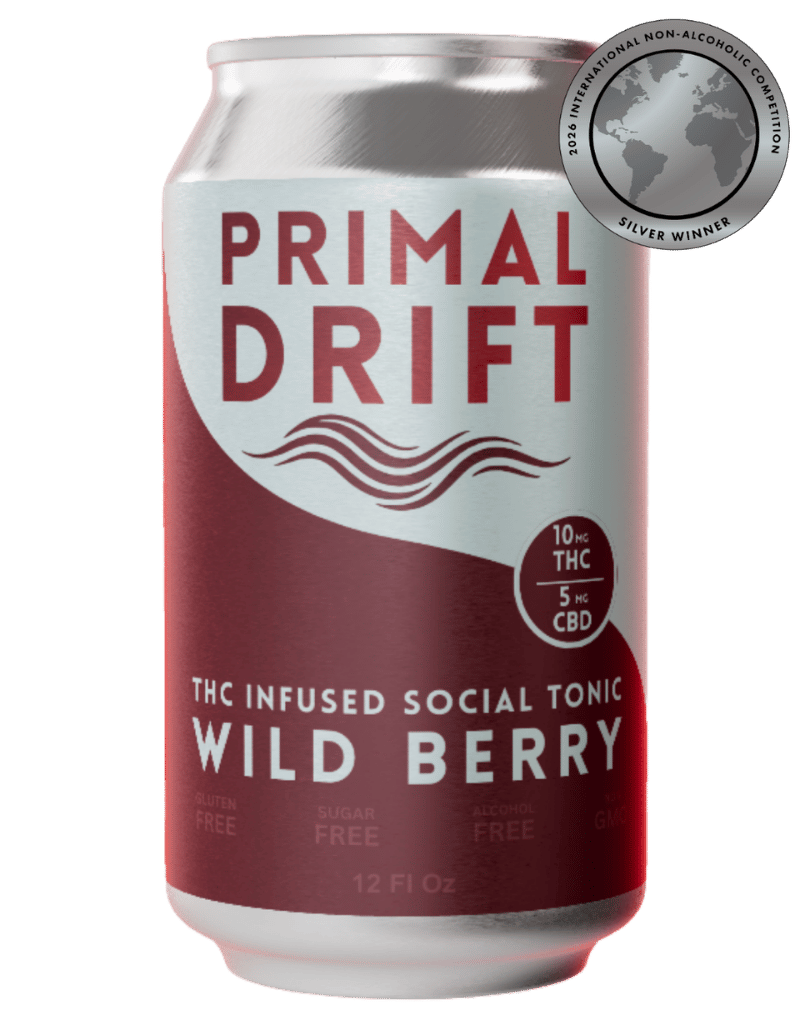 A red and silver can labeled Wild Berry Social Tonic, this THC-infused drink is a social tonic featuring gluten-free and sugar-free benefits along with CBD content. Proudly awarded silver at the 2023 International Non-Alcoholic Competition.
