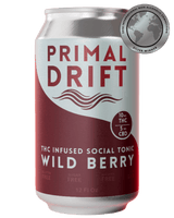 A red and silver can labeled Wild Berry Social Tonic, this THC-infused drink is a social tonic featuring gluten-free and sugar-free benefits along with CBD content. Proudly awarded silver at the 2023 International Non-Alcoholic Competition.